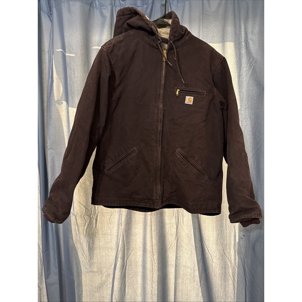 Carhartt WJ141 DWN Deep Wine Duck Canvas Sherpa Hooded Jacket Women's Sz L 12-14